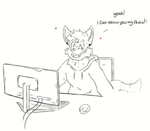 anthro bandage bandage_on_face blinking chair clothing computer computer_keyboard computer_monitor computer_mouse computer_screen dialogue ear_tuft ears_up electronics fangs fluffy fluffy_ears fluffy_tail furniture happy heart_symbol hoodie male message office_chair open_mouth piercing sharp_teeth solo speech_bubble star tail tail_motion tail_tuft tailwag teeth teeth_showing text tongue topwear tuft tufted_fur young young_anthro young_male leashedroark canid canine canis mammal wolf 2d_animation animated digital_drawing_(artwork) digital_media_(artwork) english_description english_text frame_by_frame loop no_sound short_playtime sketch video