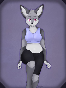 anthro big_breasts breasts claws ears_up exercise fangs female slightly_chubby slightly_chubby_female solo teeth workout workout_clothing procyoni canid canine fox mammal procyonid 3:4 absurd_res hi_res