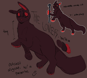 claws color_swatch dark_body floating holding_object looking_aside male neutral_expression parasite paws raised_paw red_eyes solo tail text mvmvrkio rain_world videocult lover_(mvmvrkio) slugcat absurd_res digital_media_(artwork) english_text hi_res model_sheet