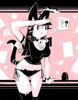 anthro black_body black_fur bracelet collar exclamation_point female feral fur jewelry light_clothing male mouse_hole predator/prey searching simple_background spiked_bracelet spikes stuck_between_breasts andaerz animal_humanoid cat_humanoid felid felid_humanoid feline feline_humanoid humanoid mammal mammal_humanoid murid rodent
