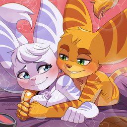 anthro bed blue_eyes blush boyfriend/girlfriend breasts convenient_censorship covering covering_breasts cybernetic_arm cybernetic_limb duo female fur furniture green_eyes heart_symbol holidays intraspecies intraspecies_romance lying male male/female nude on_bed romantic romantic_ambiance romantic_couple smile stripes tasteful_nude tasteful_nudity yellow_body yellow_fur drawligator insomniac_games playstation ratchet_and_clank sony_corporation sony_interactive_entertainment valentine's_day ratchet_(ratchet_and_clank) rivet_(ratchet_and_clank) lombax mammal 1:1 2026 digital_media_(artwork) hi_res