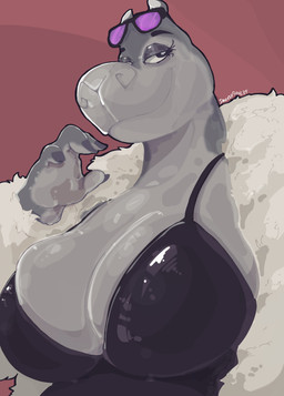 anthro big_breasts breasts clothed clothing female huge_breasts overweight overweight_anthro overweight_female pose simple_background solo standing text smokedsoul35 dreamworks madagascar_(series) gloria_(madagascar) common_hippopotamus hippopotamid mammal absurd_res digital_media_(artwork) hi_res