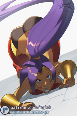 ass_up blue_eyes bottomwear breast_squish breasts butt clothed clothing eyebrows eyelashes female hair not_furry pants pointy_ears purple_hair red_bottomwear red_clothing red_pants red_topwear solo squish text topwear orlek shantae_(series) wayforward shantae genie humanoid 2025 url