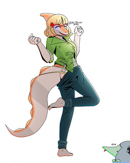 5_fingers alternate_costume anthro barefoot big_tail blonde_hair bone_frill bottomwear butt clothing clothing_swap collared_shirt denim denim_bottomwear denim_clothing dress_shirt duo eyes_closed eyewear feet female fingers frill_(anatomy) glasses green_clothing green_shirt green_topwear grey_body grey_hair grey_scales hair jeans long_tail multicolored_body multicolored_scales open_mouth open_smile orange_body orange_scales pants scales shirt short_hair simple_background smile snout tail text topwear torn_clothing torn_underwear two_tone_body two_tone_scales underwear white_background white_body white_scales r1_tocuyo cavemanon_studios goodbye_volcano_high ko_op_(game_developer) snoot_game anon_(snoot_game) fang_(gvh) naomi_(gvh) dinosaur hadrosaurid ornithischian ornithopod parasaurolophus prehistoric_species pterodactylus pterosaur reptile scalie 2025 4:5 artist_name dated digital_drawing_(artwork) digital_media_(artwork) hi_res signature