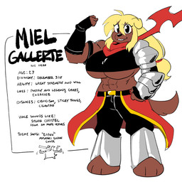 3_toes abs ahoge anthro armband armor barefoot belt biceps big_breasts blonde_hair bottomwear breasts brown_body brown_fur clothing crop_top description feet female fingers flexing floppy_ears folded_ears fur greaves grin hair huge_breasts long_hair looking_at_viewer midriff muscular muscular_female navel pants pauldron ponytail scarf shirt simple_background smile solo tail text toes topwear under_boob vambrace white_background anaugi hachimitsu:_blade_for_hire mythology dagron_(hachimitsu:_blade_for_hire) miel_gallerte_(anaugi) canid canine canis domestic_dog dragon mammal mythological_creature mythological_scalie scalie 2023 absurd_res english_text hi_res