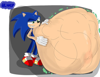 abdominal_bulge ambiguous_gender ambiguous_prey anthro blue_body blue_fur border clothing digestion footwear fur green_eyes grey_background grin hand_on_belly male male_pred mass_vore multiple_prey one_eye_half-closed red_clothing red_footwear red_shoes red_sneakers shoes simple_background smile sneakers sneer solo standing vore white_border blueytheplantlizard sega sonic_the_hedgehog_(series) sonic_the_hedgehog eulipotyphlan hedgehog mammal 2023 colored hi_res watermark