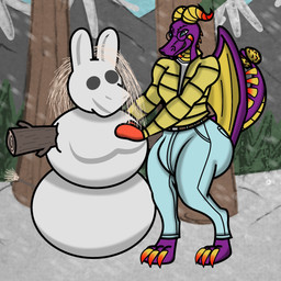 anthro belt big_butt blue_bottomwear blue_clothing blue_eyes blue_pants bottomwear butt claws clothing clubbed_tail denim denim_bottomwear denim_clothing eyewear glasses handwear horn huge_butt jacket jeans log male membrane_(anatomy) membranous_wings mittens pants plant purple_scalies scales shirt snow snowing snowman solo tail toe_claws topwear tree weapon_tail wearing_glasses white_clothing white_shirt white_topwear wings wood yellow_body yellow_horn yellow_scales chris_monty european_mythology mythology sebastian_yegolide dragon mythological_creature mythological_scalie scalie western_dragon 1:1 hi_res