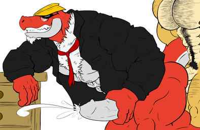 anal anal_penetration anthro anthrofied balls big_muscles bodily_fluids body_hair chest_tuft clothed clothing cum duo erection eyewear foreskin fur genital_fluids genitals glasses grey_penis happy_trail humanoid_genitalia humanoid_penis male male/male male_penetrating masturbating_while_penetrated masturbation mature_anthro mature_male muscular muscular_male nipples open_clothing open_shirt open_topwear pecs penetration penile penile_masturbation penis sex shirt smile teeth topwear tuft vein ragingflamey nintendo pokemon cyrus_rhodes dinosaur fossil_pokemon generation_6_pokemon pokemon_(species) prehistoric_species reptile scalie tyrantrum