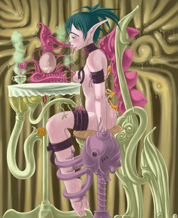 bdsm bodily_fluids bondage bound captured female food force_feeding forced green_hair hair humanoid_pointy_ears not_furry pointy_ears restrained solo submissive submissive_female tears what unknown_artist elf humanoid living_furniture hi_res