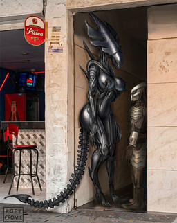 big_breasts breast_grab breasts duo exoskeleton female frill_(anatomy) hand_on_breast holding_breast larger_female male size_difference small_waist smaller_male tail thick_thighs wide_hips kory_cromie a_chance_encounter alien_(franchise) predator_(franchise) alien humanoid xenomorph yautja hi_res meme