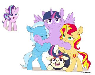 clothing eyewear female feral glasses group horn presenting sweater topwear wings sion_(artist) equestria_girls friendship_is_magic hasbro my_little_pony mythology moondancer_(mlp) starlight_glimmer_(mlp) sunset_shimmer_(eg) trixie_(mlp) twilight_sparkle_(mlp) equid equine mammal mythological_creature mythological_equine unicorn winged_unicorn