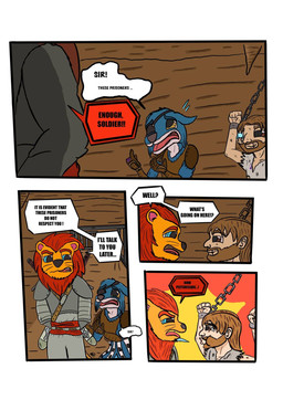 anthro blue_eyes dialogue dungeon fantasy group male shadow_(garrus368) text villainous yellow_eyes garrus368 arboj_(garrus368) nova_(garrus368) canid canine canis felid human lion mammal pantherine wiffen_(specie) wolf comic english_text hi_res