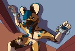 bdsm blue_hair blue_spots bound chastity_device cuff_(restraint) gag hair looking_at_viewer male metal_cuffs orange_eyes restraints ring_gag spots tongue koba african_wild_dog canid canine mammal 2025 hi_res