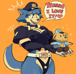 4_fingers anthro armwear belt belt_buckle bent_arm big_breasts biped black_armwear black_choker black_clothing black_corset black_elbow_gloves black_eyebrows black_eyes black_gloves black_handwear black_jewelry black_lingerie black_necklace blue_body blue_claws blue_clothing blue_ears blue_fur blue_hair blue_hat blue_headwear blue_tail breasts buckle cheek_tuft choker claws clothed clothed_anthro clothed_female clothing corset countershade_fur countershade_neck countershade_torso countershading cropped_jacket crotch_tuft curved_eyebrows dialogue ear_tuft elbow_gloves emanata eyebrow_through_hair eyebrows eyelashes facial_tuft fangs female finger_claws fingerless_gloves fingerpads fingers fur fur_tuft glistening glistening_clothing glistening_corset glistening_hair glistening_lingerie glistening_topwear gloves hair handwear happy hat headgear headwear heart_after_text heart_symbol holding_object holding_plushie humanoid_hands iris jacket jewelry legs_together light_body light_fur light_hair lingerie long_eyelashes multicolored_body multicolored_clothing multicolored_fur multicolored_tail multicolored_thong multicolored_topwear multicolored_underwear necklace open_mouth open_smile orange_background pantsless pawpads pink_inner_ear pink_nose pink_pawpads pink_tongue plushie pockets pointy_ears police police_hat police_officer police_uniform prick_ears print_clothing print_thong print_underwear pupils red_heart red_text short_hair simple_background skimpy smile snout solo speech_bubble standing star star_print tail tan_body tan_breasts tan_claws tan_countershading tan_fur tan_speech_bubble tan_tail teeth text text_with_heart thanking thick_thighs thong three-quarter_view tongue topwear translucent translucent_hair tuft two_tone_body two_tone_clothing two_tone_fur two_tone_jacket two_tone_tail two_tone_thong two_tone_topwear two_tone_underwear underwear uniform white_belt white_pupils white_sclera newtype_hero dog_man_(series) dog_man_(character) luna_howlett_(newtype_hero) canid canine canis mammal wolf 2026 artist_name digital_drawing_(artwork) digital_media_(artwork) english_text