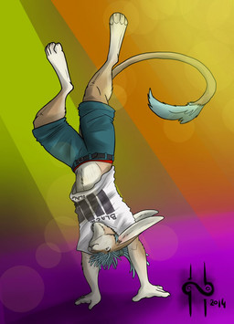 abstract_background anthro blue_bottomwear blue_clothing blue_hair blue_shorts bottomwear brown_body brown_fur clothed clothing front_view fur hair handstand long_ears male male_anthro messy_hair shirt shorts slim_anthro slim_male solo t-shirt topwear upside_down white_body white_clothing white_fur white_shirt white_t-shirt white_topwear hufnaar dipodid jerboa lagomorph mammal rodent 2014 dated hi_res