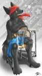 abs anthro biped black_body black_fur bulge chair claws clothing desk erection fur furniture green_eyes kerchief looking_at_viewer male red_kerchief sitting smile solo table tail tenting angello_cauich lupine_assassin canid canine canis mammal wolf absurd_res colored hi_res