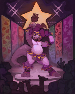 anklet audience clothed clothing electronics group jester_outfit jewelry legband looking_at_viewer male microphone on_stage power_pose revealing_outfit skimpy spiked_anklet spiked_legband spikes staff stage_act stage_lights stage_show star halo-pano kings_of_hell superbia_(kings_of_hell) demon kobold scalie absurd_res hi_res