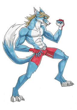 abs anthro bottomwear clothing fingerless_gloves gloves hair hand_on_hip handwear inner_ear_fluff male muscular shorts solo toothy_grin tuft oluttzada canid canine canis mammal wolf hi_res