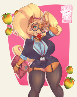 alternative_fashion anthro big_breasts blonde_hair blush bottomwear bread breasts clothing eyewear fangs female food food_fetish food_play fruit fur gesture glasses gyaru hair hand_gesture huge_breasts id_card j-fashion legwear long_hair office_lady one_eye_closed onee_gyaru plant skirt solo teeth thick_thighs thigh_highs toast v_sign wide_hips wink wumpa_fruit mr._deathcat activision crash_bandicoot_(series) coco_bandicoot bandicoot mammal marsupial 4:5 absurd_res digital_media_(artwork) hi_res
