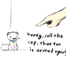 ambiguous_gender collar duo feral fluffy fur gesture hand_gesture holding_object holding_weapon humor knife name_tag pointing simple_background simple_eyes text tuft weapon white_background white_body white_fur snoiifoxxo snoii_(snoiifoxxo) arctic_fox canid canine fox human mammal true_fox 1:1 english_text hi_res meme