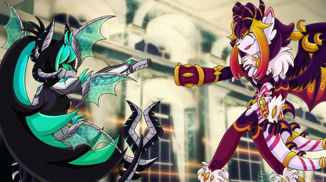 accessory aiming_at_another anthro arm_cannon black_hair blue_eyes blue_hair chain clothed clothing cybernetic_arm cybernetic_limb duo female floating_wings furgonomics gold_(metal) gold_chain hair horn jewelry legwear lipstick looking_at_another makeup markings multicolored_hair neck_tuft orange_eyes partially_clothed pointy_ears purple_hair purple_markings ring screencap screencap_background spiked_tail spikes spikes_(anatomy) tail tail_accessory tail_jewelry tail_ring thigh_highs tuft two_tone_hair unusual_anatomy unusual_wings white_body wings silvaze126 mythology dragonborn_velatis enfuria_the_dragon velatis_ferio_caedo dragon mythological_creature mythological_scalie scalie unknown_species