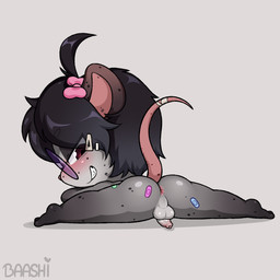 accessory anthro anus balls band-aid band-aid_on_butt bandage bandage_on_butt bandage_on_tail black_hair blush bow_ribbon butt chibi countershade_balls countershade_face countershade_fur countershade_genitalia countershade_penis countershading eyewear eyewear_only flaccid flexible foreskin fur genitals glasses glasses_only glistening glistening_butt grey_body grey_fur grin grinning_at_viewer hair hair_accessory hair_bow hair_ribbon hairclip looking_at_viewer looking_back looking_back_at_viewer lying male male_anthro markings narrowed_eyes nude nude_anthro nude_male on_front on_ground penis perineum pink_bow pink_nose pink_tail presenting presenting_hindquarters rear_view red_eyes ribbons round_glasses shadow simple_background smile smiling_at_viewer solo splits spots spotted_body spotted_fur spread_legs spreading tail teeth text thin_tail unretracted_foreskin wearing_glasses baashi american_opossum mammal marsupial 1:1 2026 artist_name digital_drawing_(artwork) digital_media_(artwork) full-length_portrait hi_res portrait shaded
