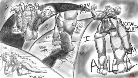 accessory anthro bad_end big_penis bodily_fluids bottomwear clothing cock_ring cosmic_background cruelty destruction digit_ring evil_grin feet floating genital_fluids genitals growth jewelry levitation loincloth looming macro magic male micro muscular muscular_anthro muscular_male nude paws penis penis_accessory penis_jewelry precum reality_shift ring scared smile solo stomping text toe_ring toes toga villains_win deaganthedeag deagan_(deaganthedeag) celestial_being deity 16:9 english_text hi_res widescreen