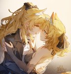 blonde_hair blue_eyes blush bow_tie breasts clothed clothing duo eye_contact female female/female fur hair humanoid_on_humanoid imminent_kiss inner_ear_fluff looking_at_another tuft white_body white_fur marginal arknights hypergryph studio_montagne blemishine_(arknights) whislash_(arknights) animal_humanoid equid equid_humanoid equine equine_humanoid humanoid mammal mammal_humanoid 2021 absurd_res hi_res aunt_(lore) aunt_and_niece_(lore) niece_(lore)