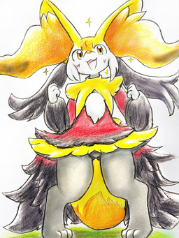 ambiguous_gender anthro blush blush_lines cosplay featureless_crotch fur grey_body grey_fur happy inner_ear_fluff looking_at_viewer multicolored_body open_mouth orange_body orange_eyes orange_fur paws simple_background solo sparkles tail tongue tuft white_body white_fur yellow_body yellow_fur eiroru nintendo pokemon pokemon_legends_z-a braixen canid canine generation_6_pokemon generation_9_pokemon mammal mega_delphox mega_evolution pokemon_(species) 2025 3:4 graphite_(artwork) hi_res traditional_media_(artwork)