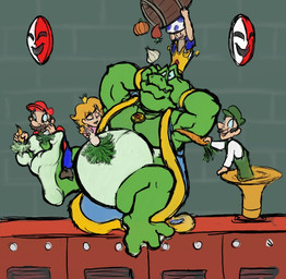 3_toes anthro belly blonde_hair blue_bottomwear blue_clothing blue_pants blue_robe bottomwear brick brick_wall carrot clothed clothed_human clothed_male clothing crown facial_hair feet female food fruit green_body green_clothing green_hat green_headwear green_overalls group hair hat headgear headwear holding_barrel holding_carrot holding_food holding_object holding_vegetable jewelry male mustache overalls pants pendant plant pumpkin red_clothing red_hat red_headwear robe shirt tickle_fetish tickling tickling_armpits tickling_belly tickling_feet tickling_toes toes topwear vegetable wall_(structure) wearing_crown wearing_hat white_clothing white_shirt white_topwear kctk mario_bros nintendo super_mario_bros._2 luigi mario princess_peach wart_(mario) amphibian frog human mammal toad_(mario) brother_(lore) brothers_(lore) sibling_(lore) twins_(lore)