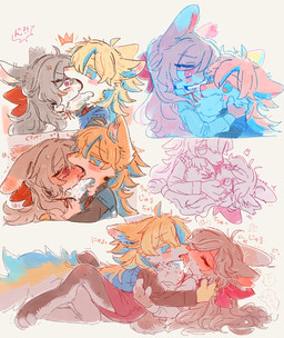 anthro bangs bedroom_eyes blep blonde_hair blue_body blue_eyes blue_fur blue_hair blue_tail blush blush_lines bodily_fluids bow_ribbon brown_body brown_fur brown_hair brown_tail chest_tuft clipped_ear clothed clothed_anthro clothed_female clothing cross-popping_vein cuddling duo ear_blush ears_down emanata eyes_closed female female/female fluffy fluffy_tail french_kissing fully_clothed fully_clothed_anthro fully_clothed_female fur hair inner_ear_fluff kissing long_hair looking_at_another looking_at_partner lying mawplay multicolored_body multicolored_fur multicolored_hair narrowed_eyes nub_tail on_back on_front open_mouth pink_pupils pivoted_ears pose pupils red_eyes romantic romantic_couple saliva saliva_on_face saliva_on_tongue seductive simple_background snout sound_effects spiral spiral_eyes tail text tongue tongue_out tuft two_tone_body two_tone_fur two_tone_hair white_body white_fur white_pupils white_tail yellow_body yellow_fur yellow_tail rapop bella_(rapop) robin_(rapop) canid canine canis lagomorph leporid mammal rabbit wolf 2026 colored digital_drawing_(artwork) digital_media_(artwork) hi_res korean_text multiple_scenes shaded