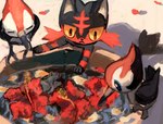 ambiguous_gender beak black_body blue_eyes eyes_closed feral flower group paws plant red_eyes trio water yellow_sclera kfkgot7ig2r5265 nintendo pokemon avian bird felid feline generation_7_pokemon litten mammal pikipek pokemon_(species) 2024