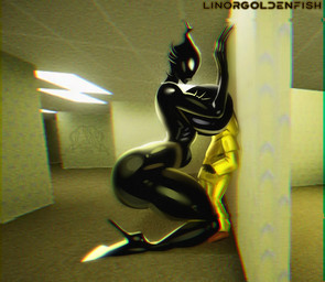 against_surface against_wall ambiguous_gender big_breasts big_butt black_body breasts butt clothed clothing duo female footwear fully_clothed hazmat_suit high_heels larger_female lights no_pupils nude shoes size_difference wall_(structure) wallpaper_(decoration) yellow_clothing linorgoldenfish the_backrooms human mammal digital_media_(artwork)
