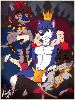 anthro birthday birthday_cake bulge cake cape chain clothing dessert detailed_bulge food gold_(metal) gold_chain gold_jewelry group jewelry jockstrap king male royalty trio underwear mrdarknesswolf mythology dantalos mrdarknesswolf_(character) neillen canid canine canis demon domestic_dog husky hybrid mammal mythological_canine mythological_creature nordic_sled_dog spitz werecanid werecanine werecreature werewolf wolf 3:4 hi_res