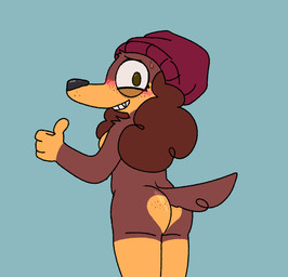anthro beanie blush blush_lines bodily_fluids breasts butt clothing female freckled_butt freckled_face freckles gesture glistening glistening_butt hand_gesture hat headgear headwear looking_at_viewer solo sweat sweatdrop thumbs_up crazymazies mazie_(crazymazies) canid canine canis dachshund domestic_dog hunting_dog mammal hi_res trans_(lore) trans_woman_(lore)