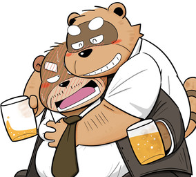 alcohol anthro beer beverage blush brown_body brown_fur clothing drunk duo fur groping_from_behind hug hugging_another hugging_from_behind kemono male male/male necktie overweight overweight_male shirt substance_intoxication topwear gatoggy bear canid canine mammal raccoon_dog tanuki 2023 hi_res