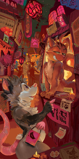anthro black_markings booth cheek_tuft chest_tuft facial_markings facial_tuft fur glistening glistening_eyes grey_body grey_fur grin group hair head_markings head_tuft lamp lantern male male_anthro markings neck_tuft nude open_mouth open_smile orange_body orange_eyes orange_fur orange_tail outside pink_hair pink_nose pink_tail purple_eyes red_body red_fur short_hair smile standing tail tuft white_body white_fur oselotti american_opossum canid canine domestic_cat felid feline felis fox mammal marsupial 2023 absurd_res hi_res