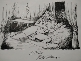 anthro balls balls_deep breast_squish breasts duo female from_behind_position genitals male male/female nude nude_female nude_male penetration sex spoon_position squish vaginal vaginal_penetration mr.sandman unnamed_character regulus_(species) wickerbeast absurd_res hi_res traditional_media_(artwork)