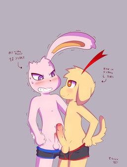 age_difference angry anthro balls big_penis black_nose blush boxer_briefs bully bullying clenched_teeth clothed clothing comparing comparing_penis duo embarrassed erection eye_contact fist foreskin frottage fur genitals grey_background humanoid_genitalia humanoid_penis long_ears looking_at_another male male/male navel one_ear orange_eyes partially_clothed partially_retracted_foreskin penile penis penis_size_difference penises_touching pink_body pink_fur pink_nose purple_eyes sex shaking simple_background small_but_hung smile standing star_eyes tan_body tan_fur teeth text underwear underwear_down young young_anthro young_male young_on_young foxxx321 jared_(foxxx321) terry_(foxxx321) canid canine canis domestic_dog lagomorph leporid mammal rabbit english_text hi_res signature