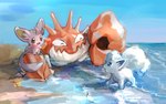 ^_^ ambiguous_gender beach blue_eyes blue_sky brown_eyes day empty_eyes eye_contact eyes_closed from_side group happy horizon looking_at_another mouth_closed open_mouth open_smile outside sand sea sitting sky smile standing text trio water day_walker1117 nintendo pokemon alolan_form alolan_vulpix arthropod crab crustacean decapoda generation_1_pokemon generation_5_pokemon generation_7_pokemon kingler malacostracan marine minccino pokemon_(species) regional_form_(pokemon) 2020 artist_name digital_media_(artwork) digital_painting_(artwork) english_text full-length_portrait portrait signature