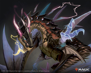 ambiguous_gender claws electricity feral fin glowing glowing_horn horn scales simple_background solo spike_(anatomy) tail text kevin_glint hasbro magic:_the_gathering mythology wizards_of_the_coast dragon mythological_creature mythological_scalie scalie spirit digital_media_(artwork) english_text hi_res official_art