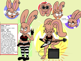 3_toes abstract_background amplifier anthro bedroom_eyes bodily_fluids bottomwear clothing dialogue ear_piercing ears_back electric_guitar feet female floppy_ears guitar hair holding_guitar holding_musical_instrument holding_object musical_instrument narrowed_eyes navel piercing pivoted_ears plucked_string_instrument sad seductive shorts solo string_instrument stripes text toes blackmore flying_v gibson motörhead blair_(blackmore) domestic_rabbit lagomorph leporid mammal oryctolagus rabbit english_text hi_res