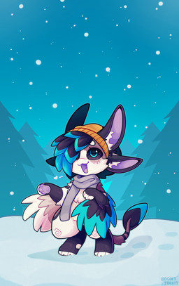 4_ears anthro chibi clothing detailed_background female forest hat headgear headwear multi_ear outside plant snow snowing solo standing tree winter jinxit avali absurd_res hi_res