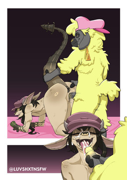 anthro anus ass_up backwards_baseball_cap backwards_hat baseball_cap baseball_cap_only black_hair bodily_fluids butt butt_grab clothing cum cum_in_mouth cum_inside cum_on_face cumshot doggystyle duo ear_piercing ear_tag ejaculation erection facial_piercing fangs female female_penetrated from_behind_position fur genital_fluids genitals hair hand_on_butt hat headgear headwear humanoid_genitalia humanoid_penis male male/female male_penetrating male_penetrating_female nose_piercing nose_ring penetration penile penile_penetration penis penis_in_vagina piercing ring_piercing sex tail teeth vaginal vaginal_penetration vulva wool_(fur) luvshxt deadlock_(game) valve ivy_(deadlock) lambent_(glowsheep) bovid caprine domestic_sheep gargoyle mammal sheep absurd_res hi_res