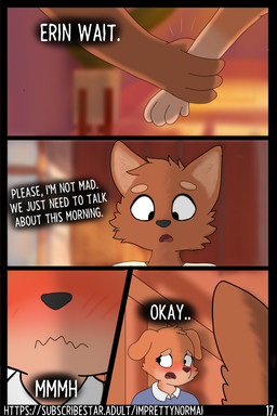 anthro arm_grab blurred_background blush close-up dialogue door doorway female from_behind_angle male nervous page_number plant serious shadow stairs text young imprettynormai erin_(imprettynormai) sam_(imprettynormai) canid canine mammal 2:3 absurd_res comic hi_res brother_(lore) sibling_(lore) sister_(lore)