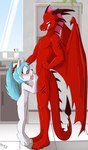 4_toes 5_fingers age_difference anthro athletic athletic_anthro athletic_male barefoot bat_wings bathroom blue_hair blush bodily_fluids cum cum_in_mouth cum_inside detailed_background duo feet fellatio female fingers flat_chested fluffy fluffy_tail fur genital_fluids genitals grey_body grey_eyes grey_fur hair hand_on_own_waist head_grab inside male male/female membrane_(anatomy) membranous_wings nipples oral oral_penetration penetration penile penis penis_grab pussy red_body red_scales red_tail red_wings scales service_height sex side_view size_difference slim slim_anthro slim_female slim_young snout spade_tail standing standing_sex tail teal_hair teal_tail toes tongue tongue_out white_body white_fur wings young young_anthro fuf mythology canid dragon mammal mythological_creature mythological_scalie scalie hi_res