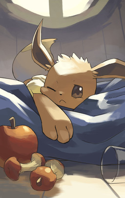 ambiguous_gender apple apple_core brown_body brown_eyes brown_fur container cup feral food fruit fur glass glass_container glass_cup leftovers lying on_front one_eye_closed paws plant solo tired hakkentai_pkdn nintendo pokemon eevee generation_1_pokemon pokemon_(species) 2024 hi_res