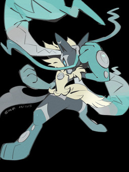 ambiguous_gender anthro blue_eyes fur multicolored_body paws simple_background solo tail yellow_body yellow_fur lanjiujiu nintendo pokemon pokemon_legends_z-a generation_9_pokemon mega_evolution mega_lucario_z pokemon_(species) 2025 3:4 dated hi_res signature