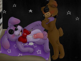 anthro anthrofied balls blush bodily_fluids bow_(feature) bow_tie clothing cum cum_on_balls cum_on_belly cum_on_body cum_on_penis drooling duo erection eyes_closed feral fluffy fur genital_fluids genitals grabbing_sheets hat headgear headwear machine male male/male orgasm paws penis pink_penis saliva sex smile spread_legs spreading stage star tongue tongue_out top_hat five_nights_at_freddy's scottgames bonnie_(fnaf) freddy_(fnaf) animatronic bear hare lagomorph leporid mammal robot 2015