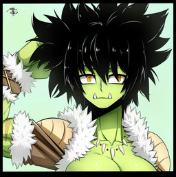 black_hair clothing fangs fangs_bared female green_body hair muscular muscular_female scar solo teeth yellow_eyes juliusmz63 kain_(juliusmz63) humanoid mammal orc hi_res